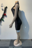 Black Casual Patchwork Hot Drill Half A Turtleneck Wrapped Skirt Dresses