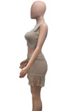 Khaki Street Solid Tassel Hollowed Out Patchwork See-through O Neck Sleeveless Two Pieces