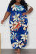 Blue Casual Print Slit O Neck Long Plus Size Dresses