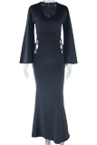 Black Casual Solid Hollowed Out Frenulum V Neck Long Dresses