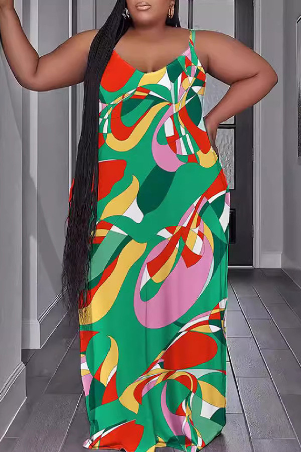 Green Casual Print Backless Spaghetti Strap Long Dresses