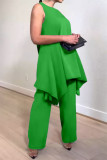 Green Casual Solid Asymmetrical O Neck Plus Size Two Pieces