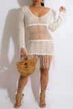 White Casual Solid Tassel See-through V Neck Dresses