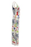 White Casual Print Buttons V Neck Sleeveless Two Pieces