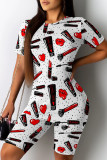 White Casual Print Patchwork O Neck Short Sleeve Two Pieces