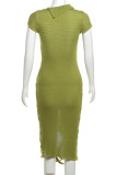Green Street Solid Hollowed Out Patchwork O Neck Long Dresses