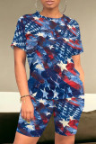 Deep Blue Casual Print Patchwork O Neck Short Sleeve Two Pieces