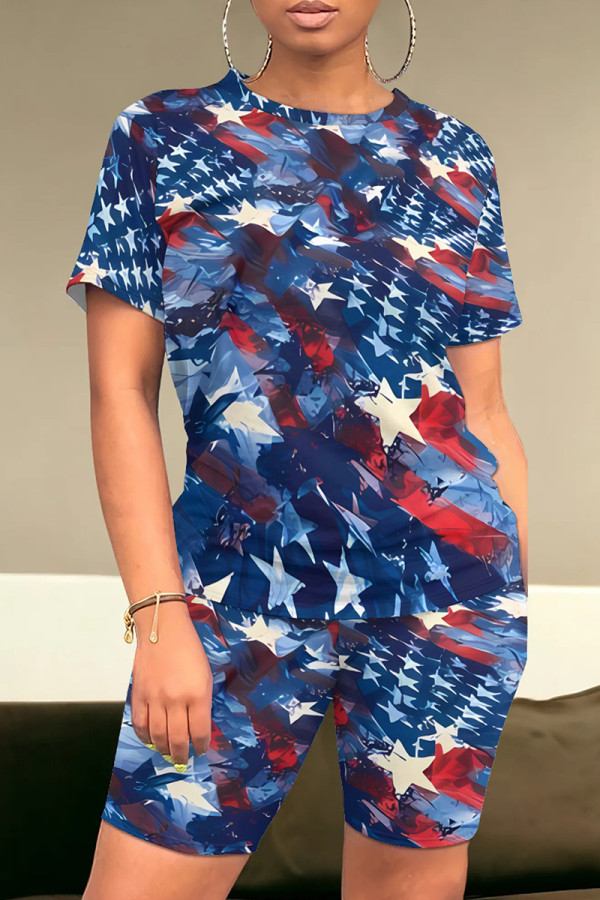 Dark Blue Red Casual Print Patchwork O Neck Short Sleeve Two Pieces