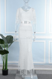 Blue Sexy Solid Tassel Slit V Neck Short Sleeve Two Pieces