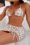 White Sexy Print Bandage Backless Swimsuit Three Piece Set (With Paddings)