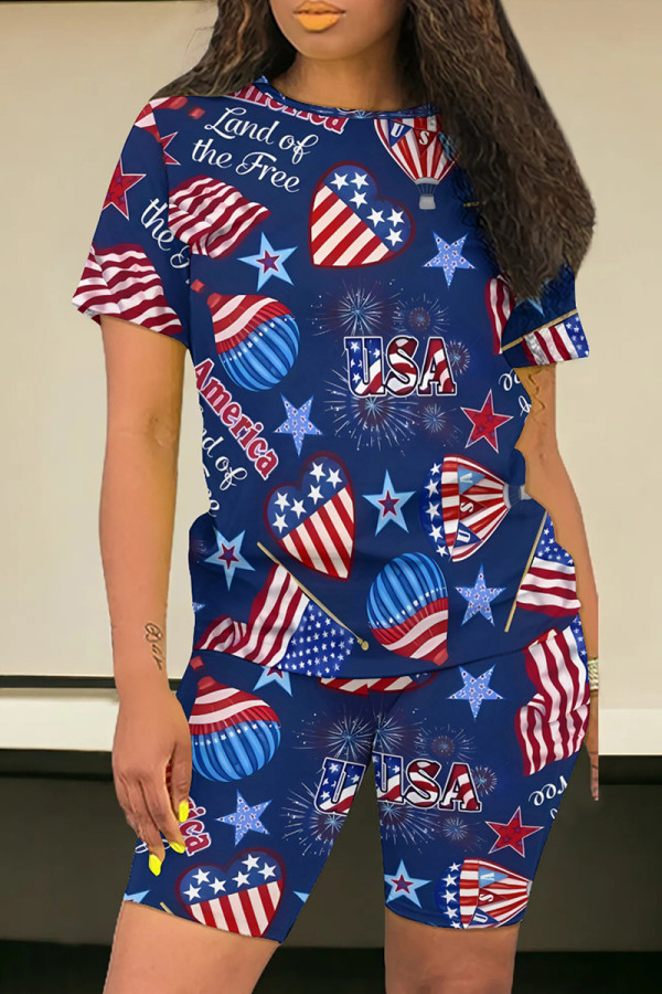 Blue Red Casual Print Patchwork O Neck Short Sleeve Two Pieces