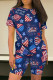 Blue Red Casual Print Patchwork O Neck Short Sleeve Two Pieces