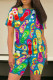 Multicolor Casual Print Patchwork O Neck Short Sleeve Two Pieces