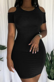 Black Street Solid Hollowed Out Patchwork O Neck Wrapped Skirt Dresses