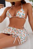 White Sexy Print Bandage Backless Swimsuit Three Piece Set (With Paddings)