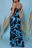 Blue Sexy Casual Print Backless Slit Spaghetti Strap Sleeveless Two Pieces