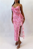 Pink Sexy Print Solid Backless Slit Spaghetti Strap Long Dresses