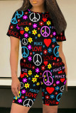 Black Red Casual Print Patchwork O Neck Short Sleeve Two Pieces