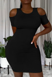 Black Street Solid Hollowed Out Patchwork O Neck Wrapped Skirt Dresses