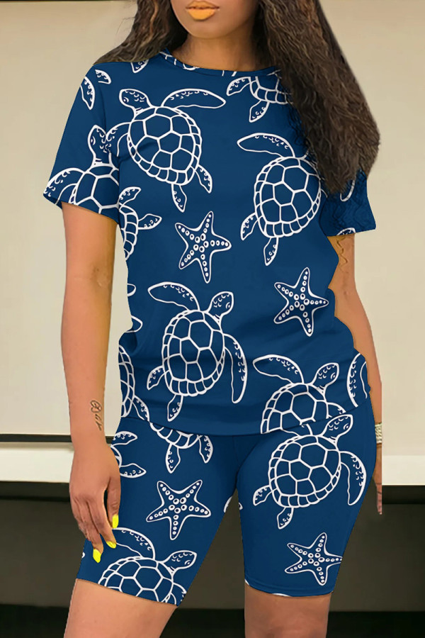 Deep Blue Casual Print Patchwork O Neck Short Sleeve Two Pieces