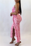 Pink Sexy Print Solid Backless Slit Spaghetti Strap Long Dresses