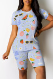 Apricot Casual Print Patchwork O Neck Short Sleeve Two Pieces