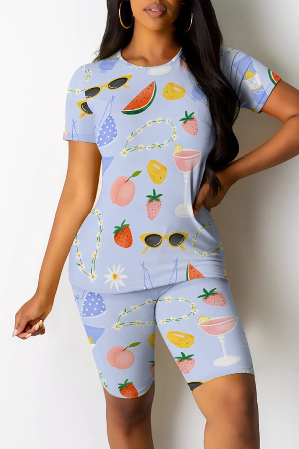 Light Purple Casual Print Patchwork O Neck Short Sleeve Two Pieces