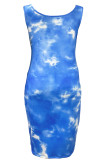 Blue Casual Tie Dye Patchwork Square Collar Wrapped Skirt Plus Size Dresses