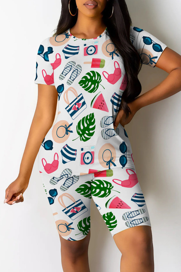 White Casual Print Patchwork O Neck Short Sleeve Two Pieces