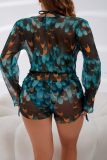 Malachite Green Sexy Print Bandage See-through Swimsuit Three Piece Set (With Paddings)