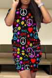 Black Red Casual Print Patchwork O Neck Short Sleeve Two Pieces