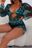 Malachite Green Sexy Print Bandage See-through Swimsuit Three Piece Set (With Paddings)