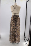 Leopard Print Celebrities Leopard Bandage Hollowed Out Patchwork Backless Slit Spaghetti Strap Sling Dresses