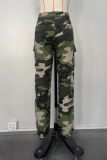 Camouflage Casual Camouflage Print Patchwork Pocket Regular High Waist Conventional Full Print Trousers