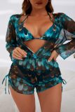 Malachite Green Sexy Print Bandage See-through Swimsuit Three Piece Set (With Paddings)