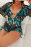 Malachite Green Sexy Print Bandage See-through Swimsuit Three Piece Set (With Paddings)