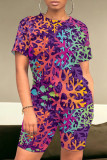 Multicolor Casual Print Patchwork O Neck Short Sleeve Two Pieces