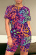 Dark Purple Casual Print Patchwork O Neck Short Sleeve Two Pieces
