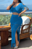 Blue Sexy Solid Tassel Slit V Neck Short Sleeve Two Pieces
