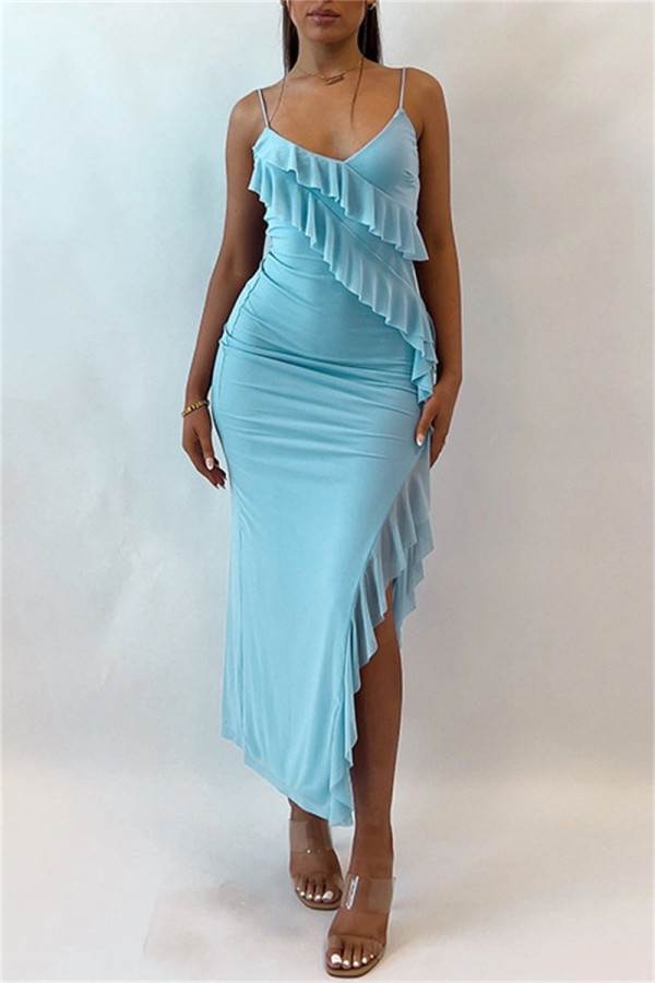 Blue Sexy Print Solid Backless Slit Spaghetti Strap Long Dresses