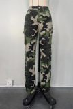 Camouflage Casual Camouflage Print Patchwork Pocket Regular High Waist Conventional Full Print Trousers