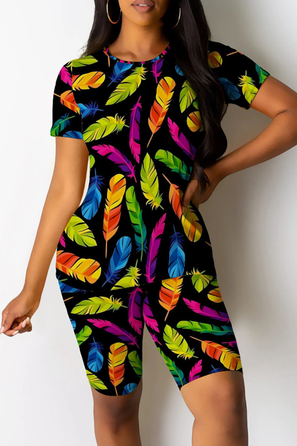 Multicolor Casual Print Patchwork O Neck Short Sleeve Two Pieces