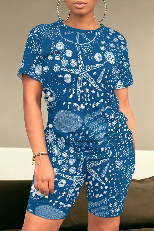 Dark Blue Casual Print Patchwork O Neck Short Sleeve Two Pieces