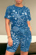 Dark Blue Casual Print Patchwork O Neck Short Sleeve Two Pieces