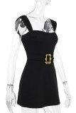 Black Sexy Solid Patchwork Square Collar Wrapped Skirt Dresses