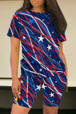 Deep Blue Casual Print Patchwork O Neck Short Sleeve Two Pieces