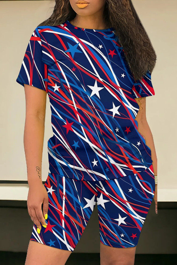 Dark Blue Casual Print Patchwork O Neck Short Sleeve Two Pieces