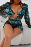 Malachite Green Sexy Print Bandage See-through Swimsuit Three Piece Set (With Paddings)
