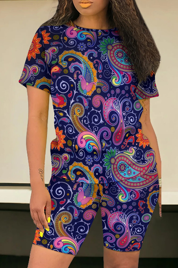 Purple Casual Print Patchwork O Neck Short Sleeve Two Pieces