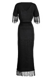 Blue Sexy Solid Tassel Slit V Neck Short Sleeve Two Pieces